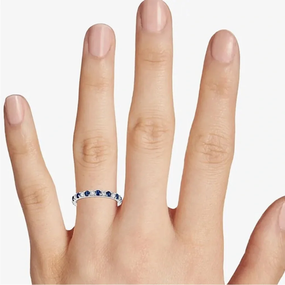 New Sterling Silver Blue & White Sapphires Thin Band